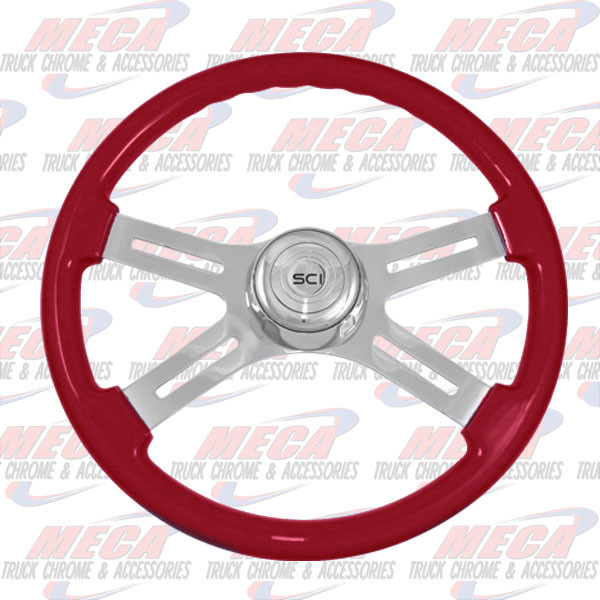 STEERING WHEEL ECO RED 4 SPOKE W/ RECT HOLES
