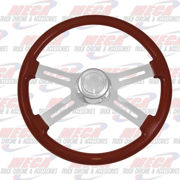 STEERING WHEEL ECO WOOD MAHOGANY 4 SPOKE W/ RECT HOLES