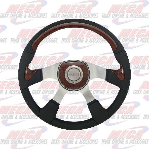 STEERING WHEEL TRAVELER 18'' BURL WOOD & BLK LTHR