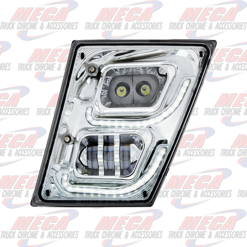 (CBOX) CHROME HIGH POWER LED FOG LIGHT SLANTED WITH LED DAYTIME RUNNING LIGHT & LED POSITION LIGHT FOR 2013-2017 VOLVO VN/VNL - DRIVER