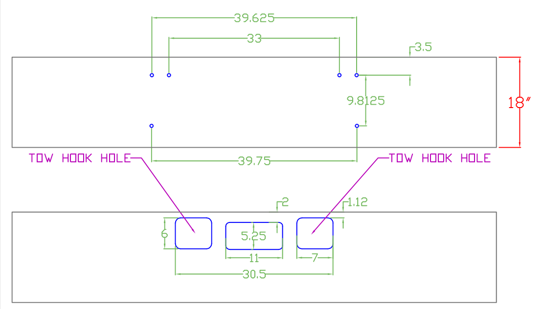 VALLEY CHROME BUMPER FL CORONADO 18'' ROLLED END WITH TOW & FOG LIGHT HOLES & 40'' BETWEEN THE BOTTOM MOUNTING HOLES