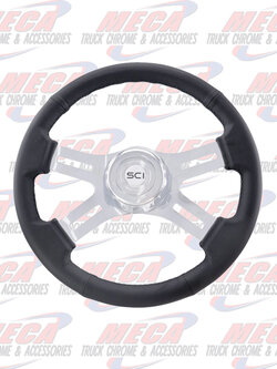 STEERING WHEEL 16" CLASSIC BLACK LEATHER 4 CHROME SPOKE