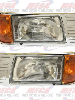 HEADLIGHT HOUSING PB PETERBILT 377 DRIVER AND PASSENGER SIDE W/ ADJUSTERS, CORNER LAMP & STRAIGHT CHROME BEZEL - OEM #16- 06264