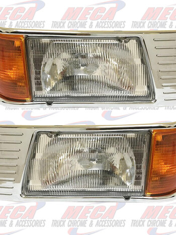 HEADLIGHT HOUSING PB PETERBILT 377 DRIVER AND PASSENGER SIDE W/ ADJUSTERS, CORNER LAMP & STRAIGHT CHROME BEZEL - OEM #16- 06264