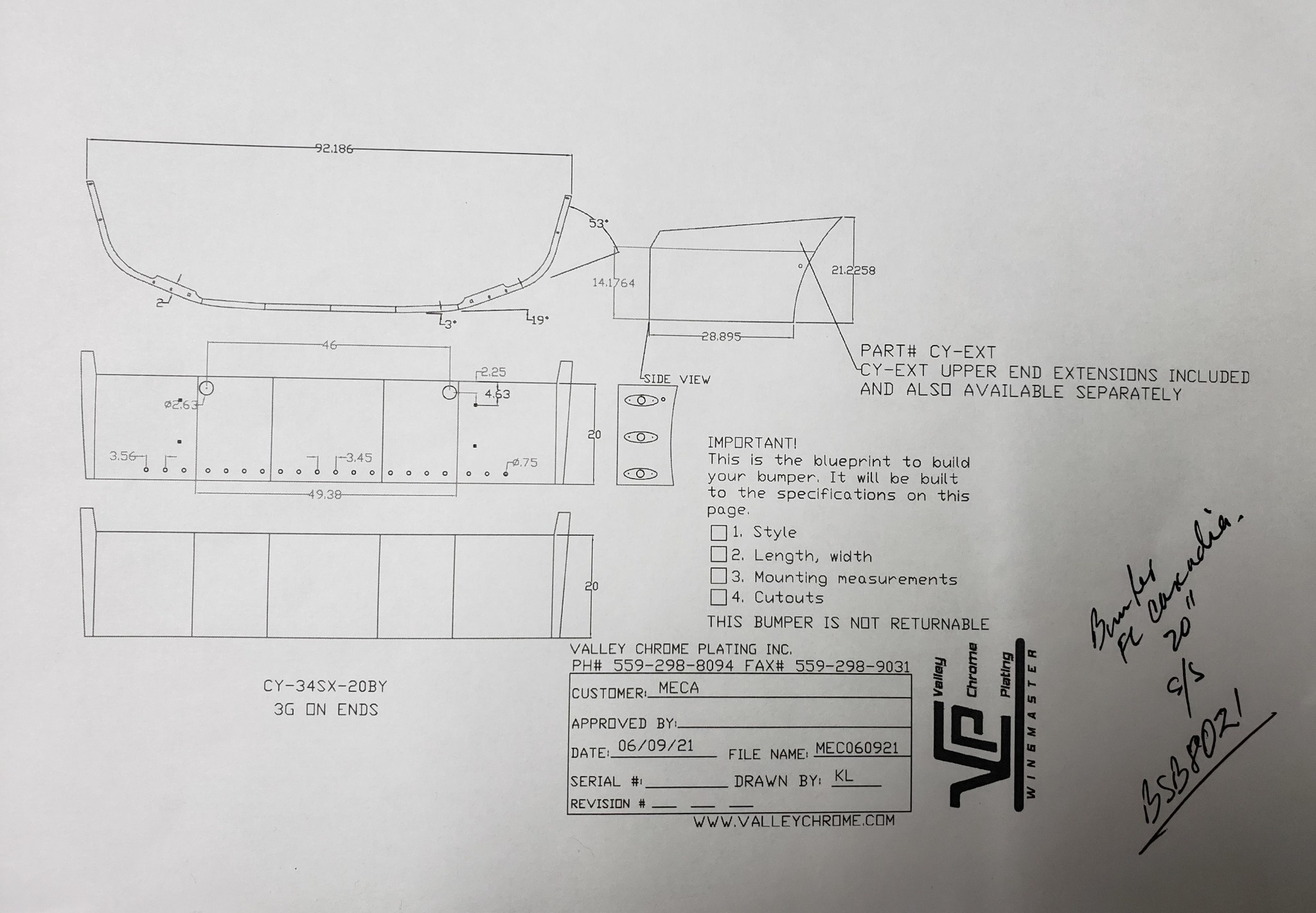 VALLEY CHROME BUMPER FL CASCADIA 20'' S/S W/ TOW & 20- 3/4" LIGHT HOLES & 3 UP/DOWN LIGHT HOLES ON SIDE FOR VU-1080L-CA
