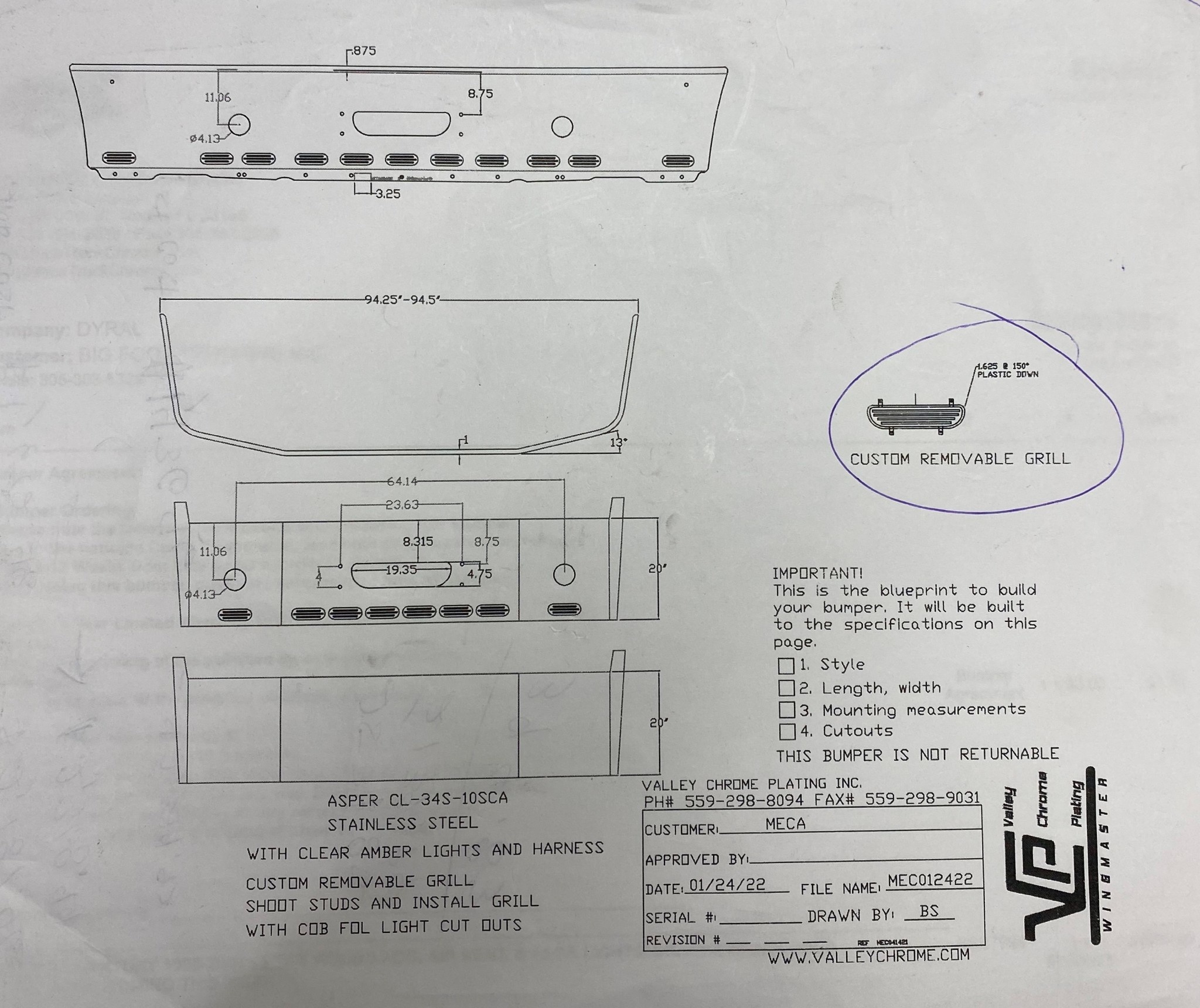 VALLEY CHROME BUMPER FL CENTURY 1996-2004 20'' S/S,  4.13" - ROUND FOG LIGHT HOLES, AIR VENT, & 10 BB LIGHTS, BRACKETS INCLUDED