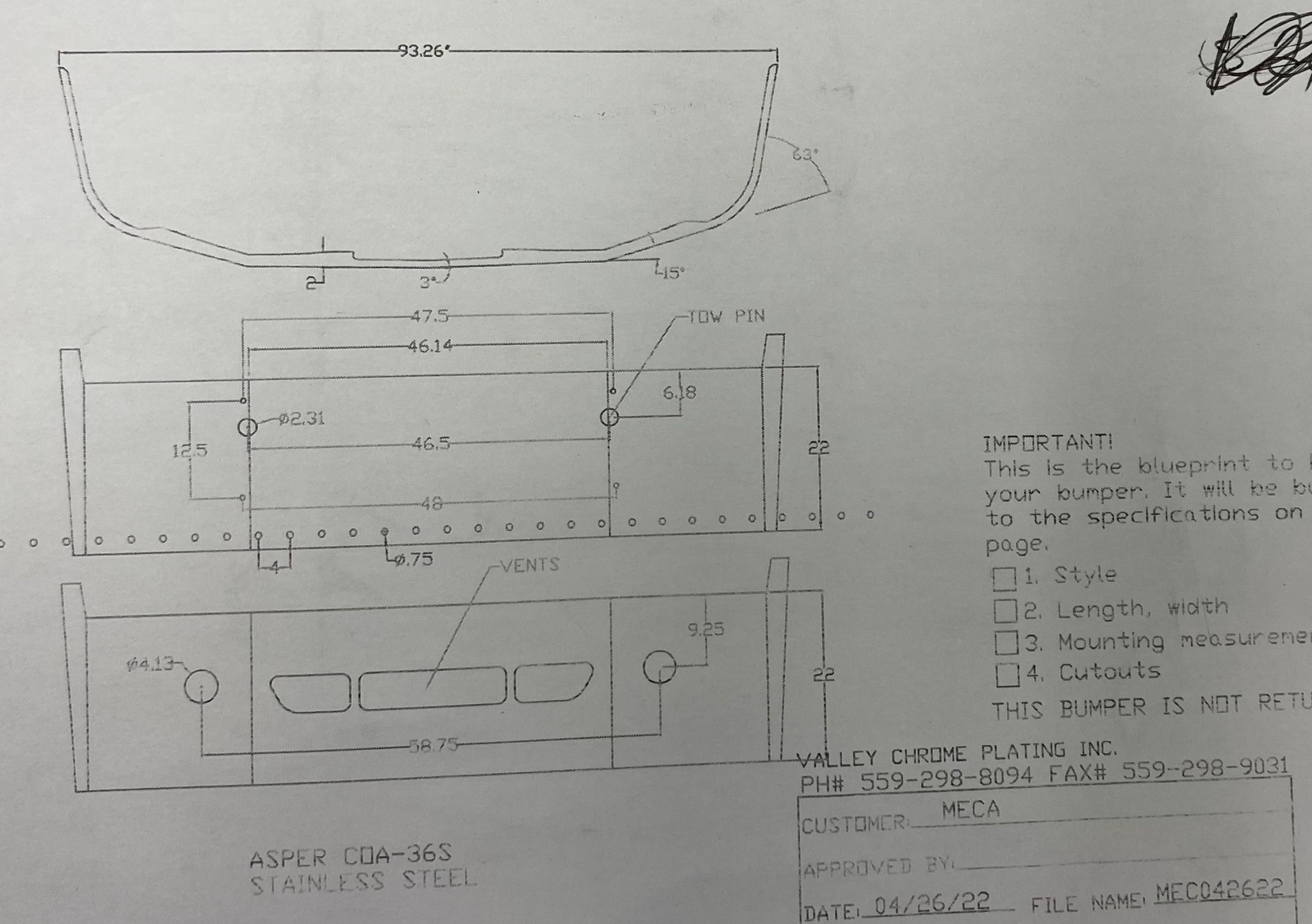 VALLEY CHROME BUMPER FL CENTURY & COLUMBIA 22'' 2008+ S/S TOW FOG AIR W/ 30- 3/4" HOLES REPLACES ORIGINAL STEEL CENTER & PLASTIC ENDS BUMPER