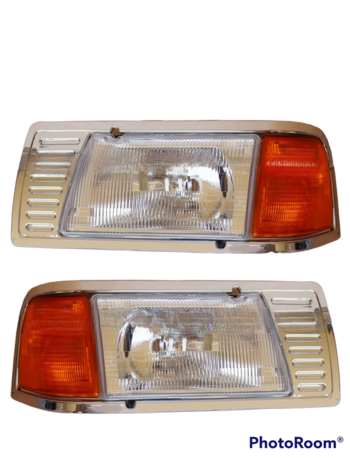 HEADLIGHT HOUSING PB PETERBILT 377 DRIVER AND PASSENGER SIDE W/ ADJUSTERS, CORNER LAMP & ANGLED CHROME BEZEL - OEM #16- 07213