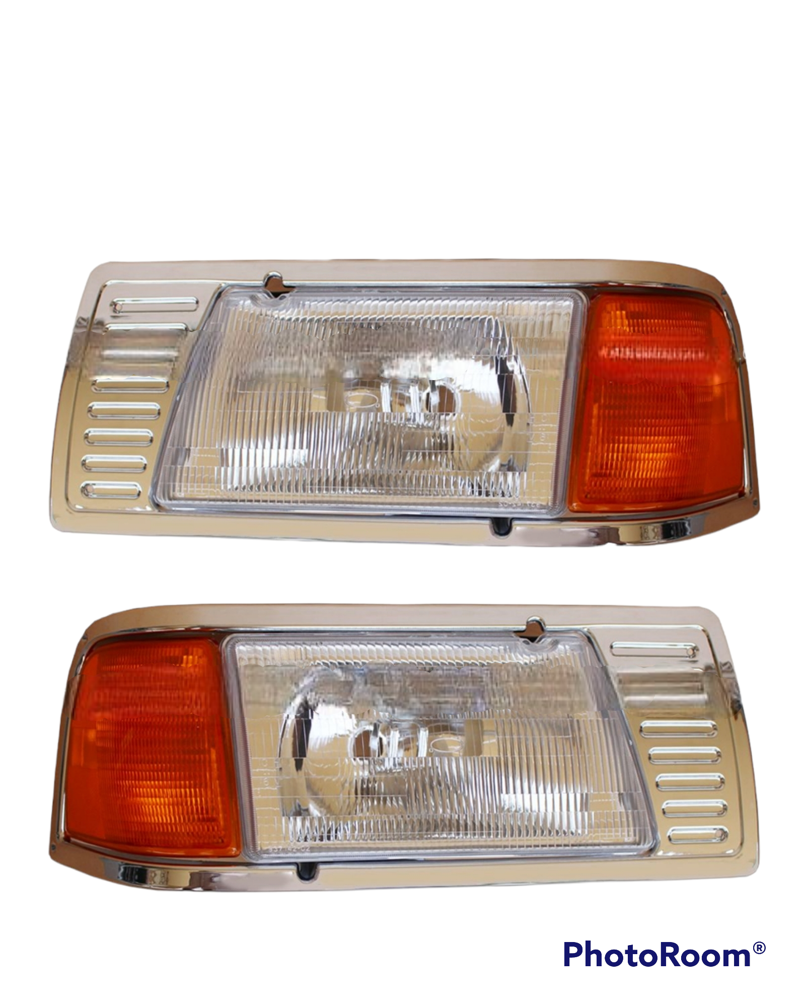 HEADLIGHT HOUSING PB PETERBILT 377 DRIVER AND PASSENGER SIDE W/ ADJUSTERS, CORNER LAMP & ANGLED CHROME BEZEL - OEM #16- 07213