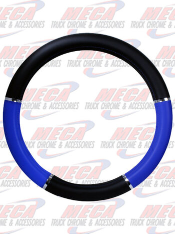 18" DELUXE STEERING WHEEL COVER BLACK & BLUE W/ CHROME TRIM