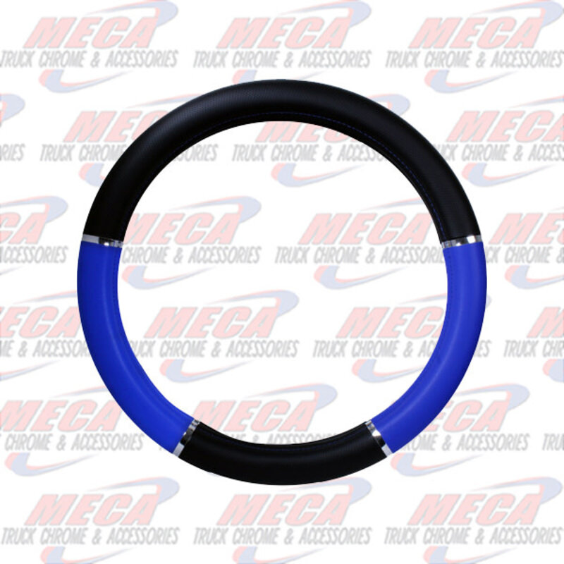 18" DELUXE STEERING WHEEL COVER BLACK & BLUE W/ CHROME TRIM