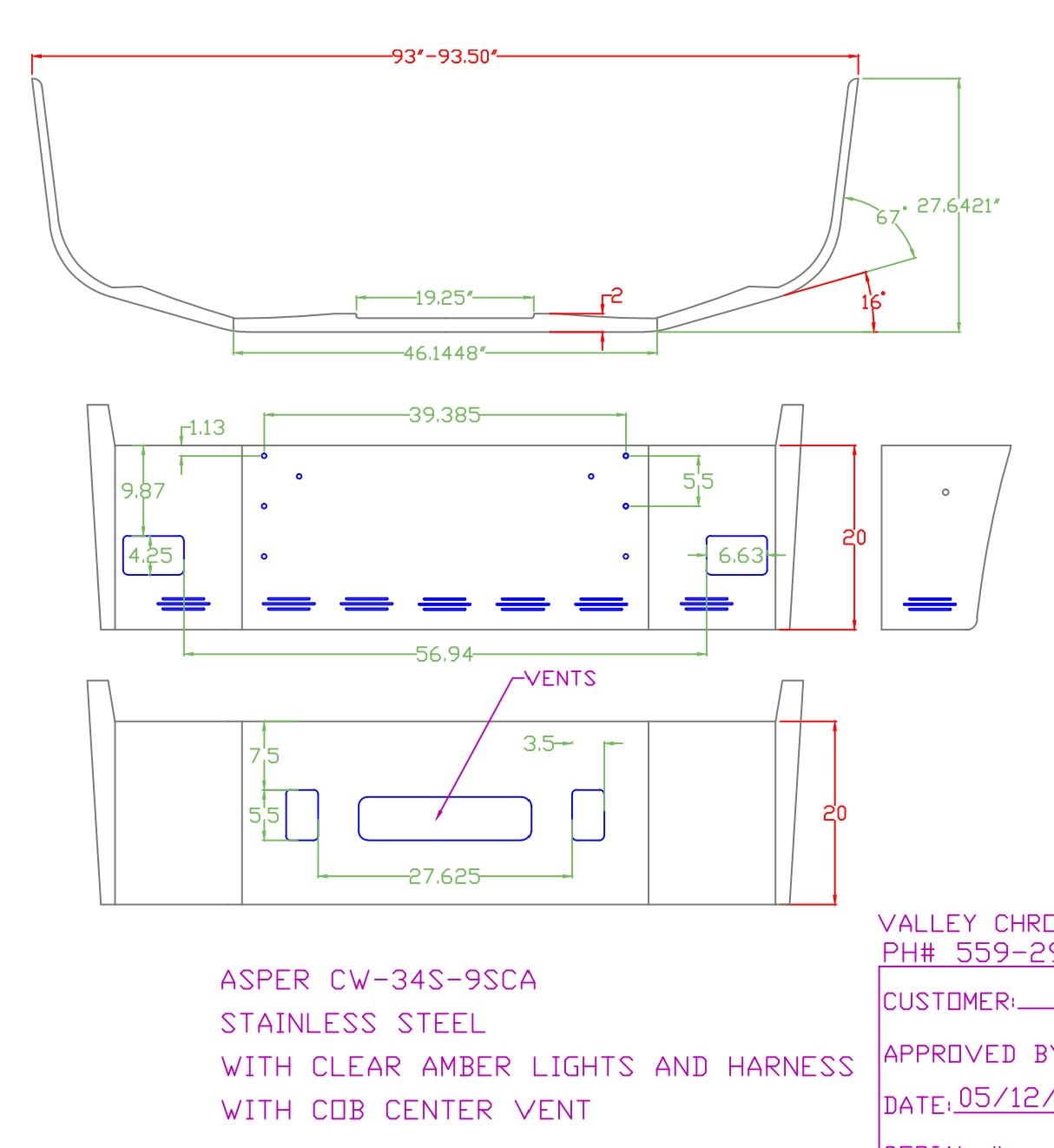 VALLEY CHROME BUMPER FL CENTURY 2005-2007 & COLUMBIA 1999-2007 S/S 20" W/ 9 BB LEDS CW- STYLE, W/ VENT HOLE OF COB- SERIES