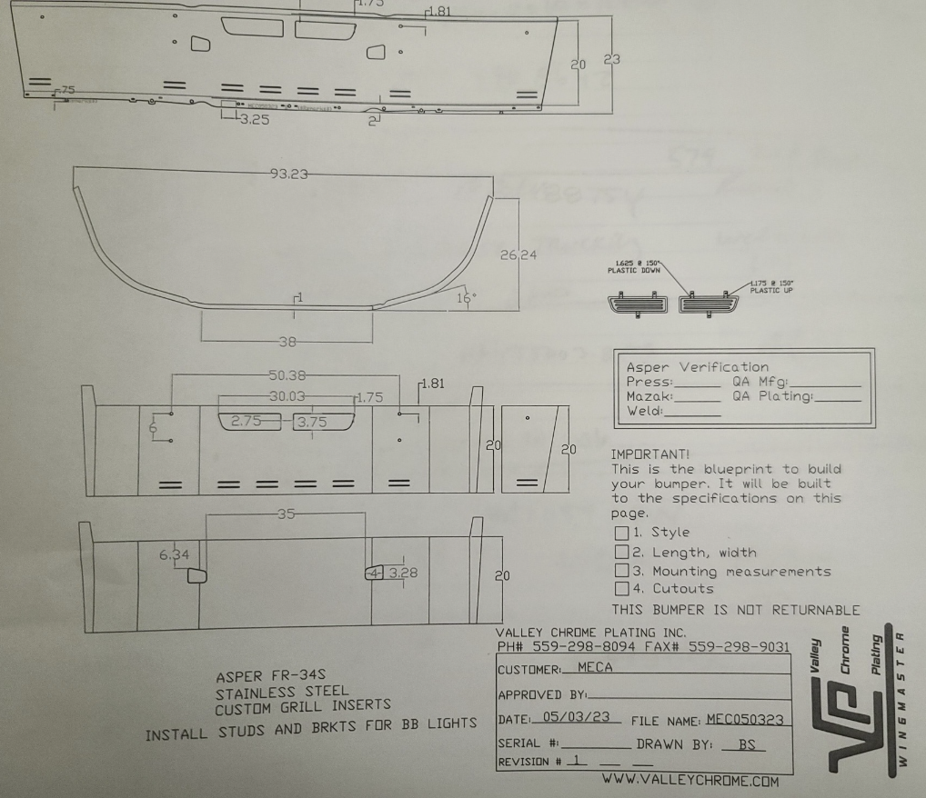 VALLEY CHROME BUMPER KW T660 20'' S/S TOW, VENT, & 8 BB LTS