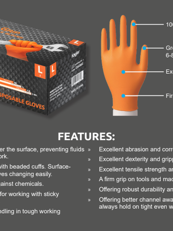 WORK GLOVES NITRILE ORANGE DIAMOND TEXTURE GRIP L LARGE BOX / 100 KOGLER