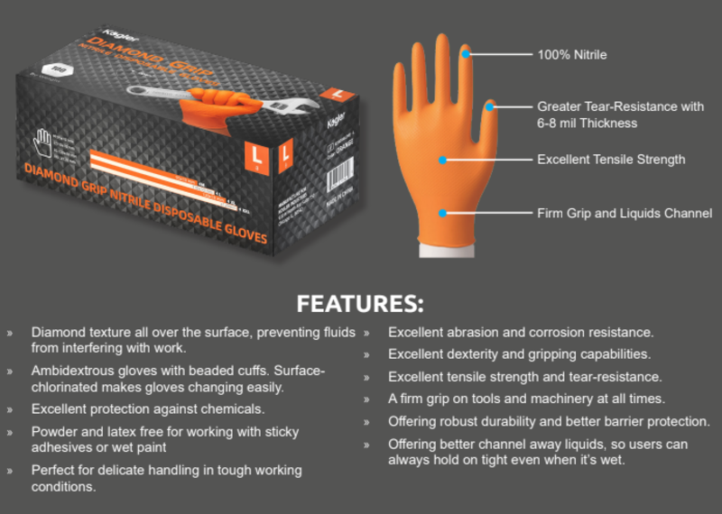 WORK GLOVES NITRILE ORANGE DIAMOND TEXTURE GRIP XL EXTRA LARGE BOX / 100 KOGLER