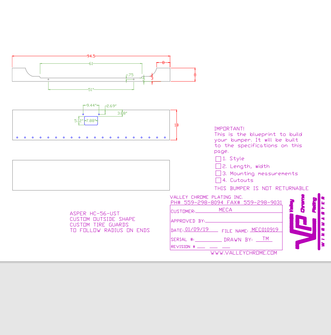 VALLEY CHROME BUMPER UNIVERSAL 18'' CONTOUR W/ ROUNDED TIRE GUARDS PB TOW HOLE,  20-3/4" LIGHT HOLES