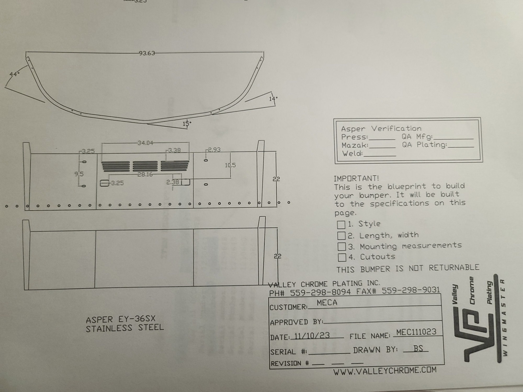 VALLEY CHROME BUMPER IHC LT SERIES 22'' W/ 30- 3/4" HOLES