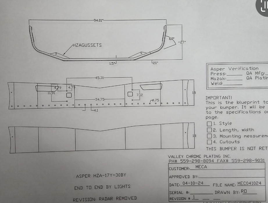 VALLEY CHROME BUMPER PB 579 18'' 2021+ CHROME BUTTERFLY STYLE W/ TOWS & 30-3/4" HOLES, REVISION RADAR REMOVED HZA-17Y-30BY-V4