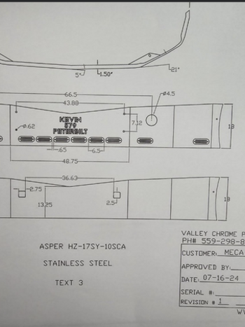 VALLEY CHROME BUMPER KEVIN MILLER PB 579 18'' S/S, TOW, FOG, 10-BB LIGHTS, CUSTOMER NAME
