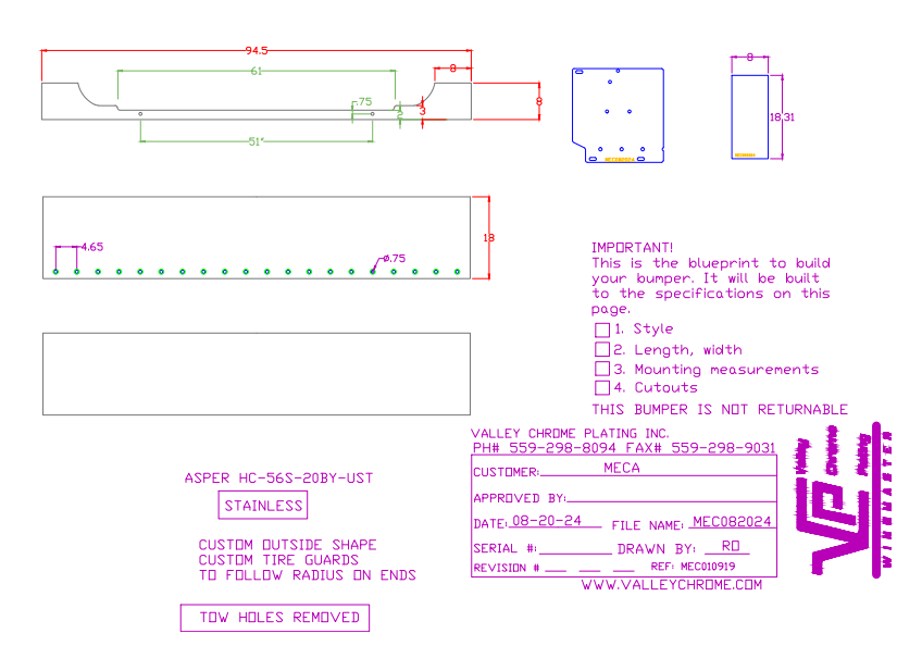 VALLEY CHROME BUMPER UNIVERSAL 18'' S/S STAINLESS CONTOUR W/ ROUNDED TIRE GUARDS PB 379 PLAIN,  20-3/4" LIGHT HOLES