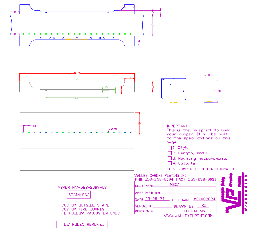 VALLEY CHROME BUMPER UNIVERSAL 18'' S/S STAINLESS CONTOUR W/ ROUNDED TIRE GUARDS PB 389 PLAIN,  20-3/4" LIGHT HOLES