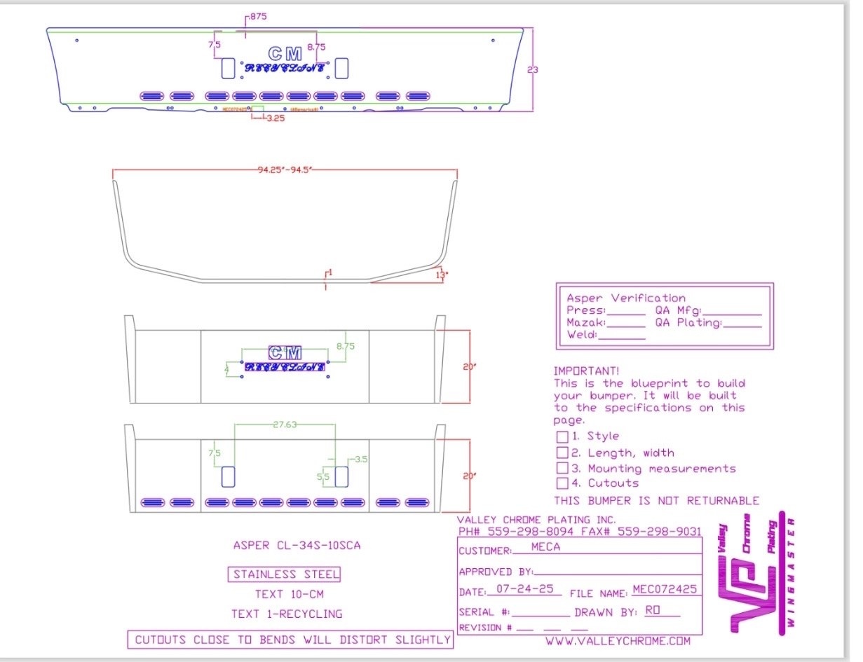 VALLEY CHROME BUMPER FL CENTURY 20'' 1996-2004 S/S 10 BB LIGHTS, TOW HOLES, & "CM RECYCLING" customer name