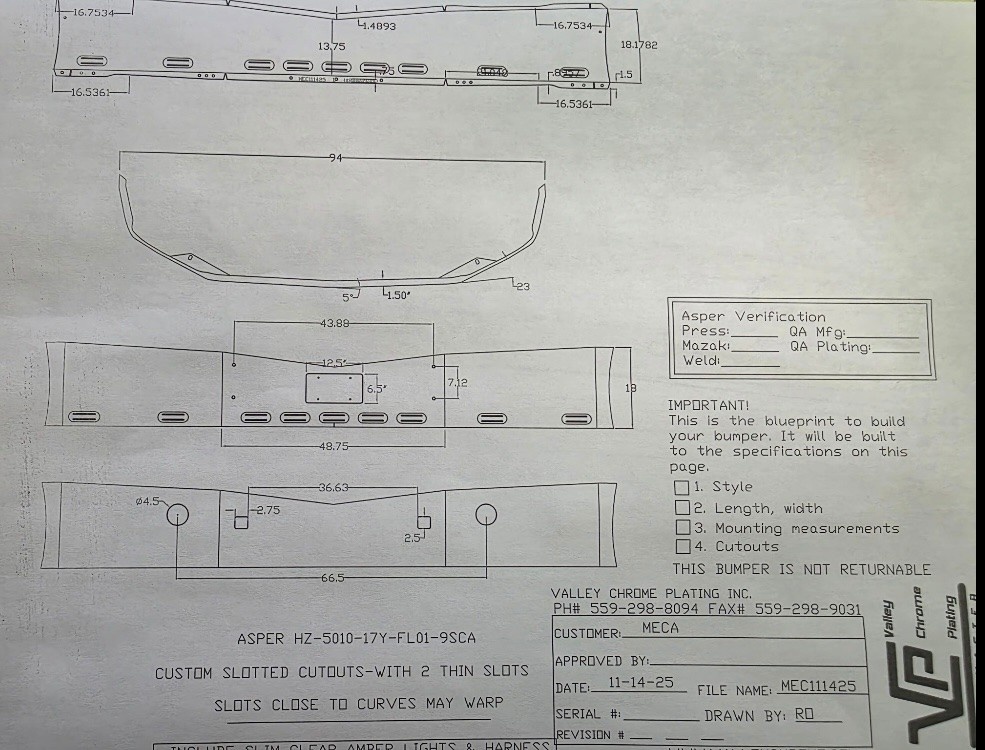 VALLEY CHROME BUMPER PB 579 18'' S/S, TOW, FOG, 9-BB LIGHTS W/ TWO LINES, FRENCH PLATE