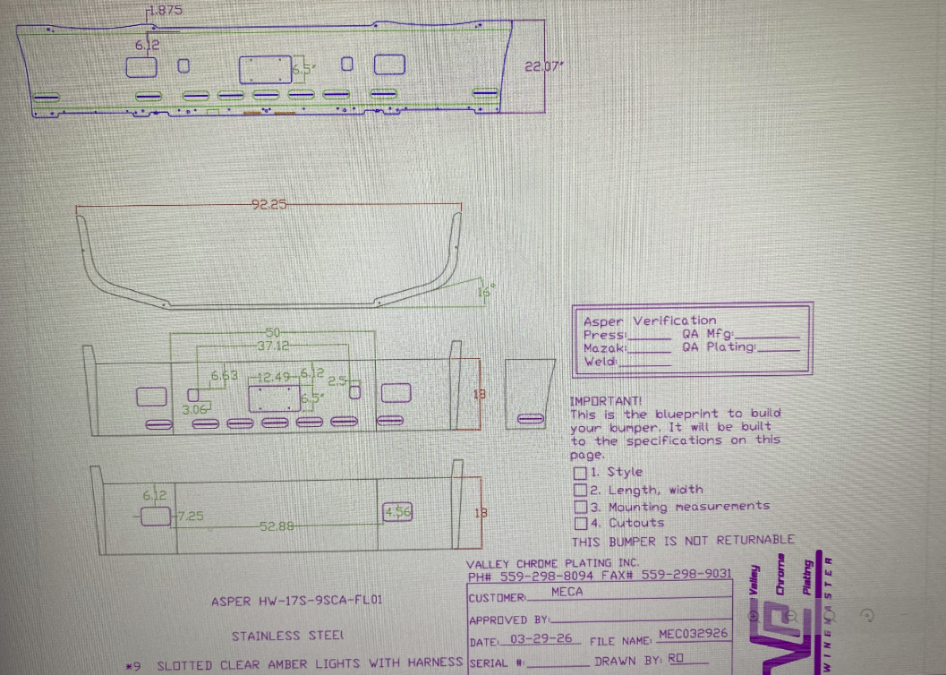 VALLEY CHROME BUMPER PB 384 18'' W/ TOW & FOG HOLES, 7 BB LED LIGHTS, FRENCH LIC PLATE, STAINLESS STEEL, S/S