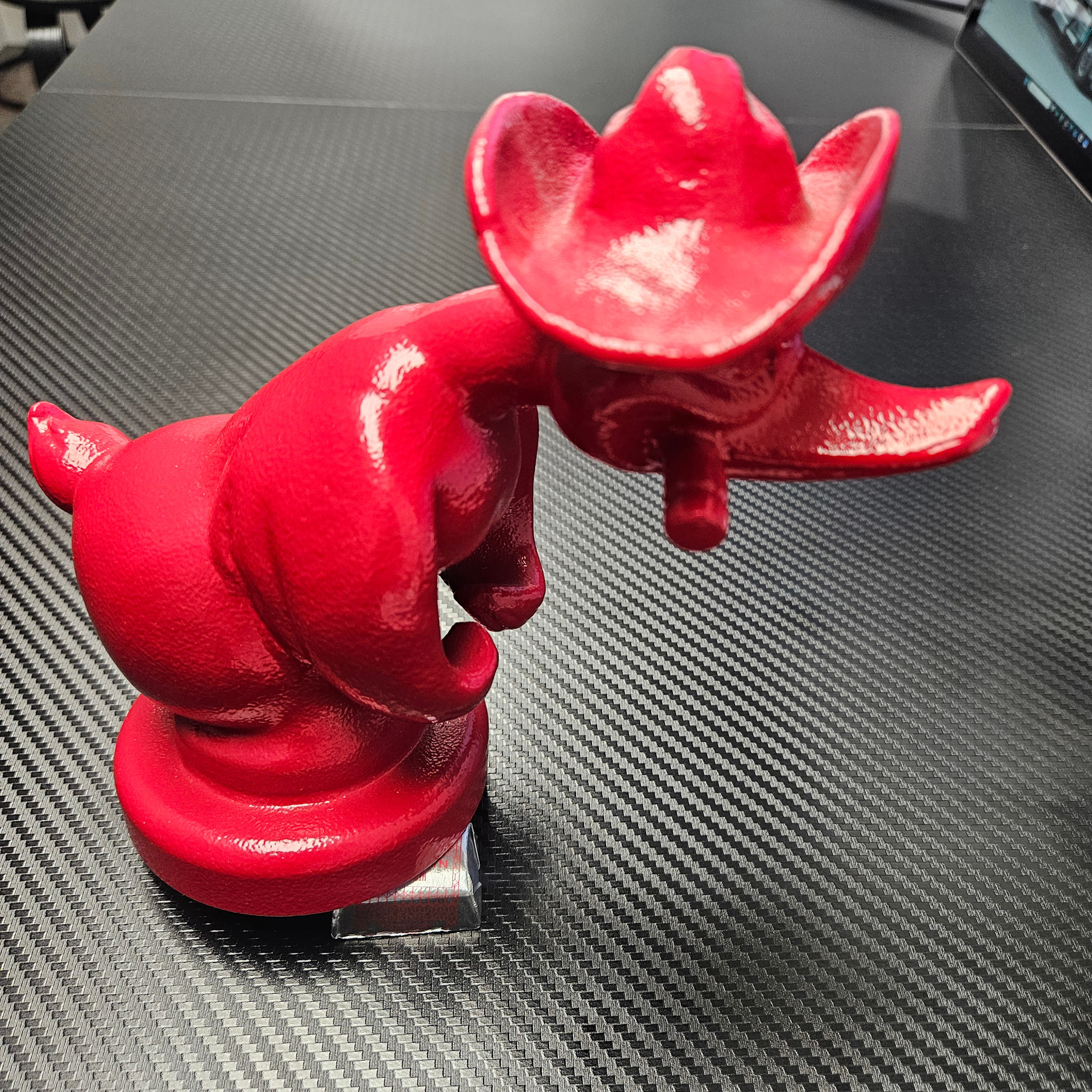 HOOD ORNAMENT ANGRY DUCK RED WITH HAT - SOLID ALUMINUM - MAY BE USED AS HOOD PULL HANDLE