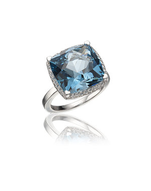 LISA NIK 18K WG 13MM LONDON BLUE TOPAZ RING SQUARE CUT WITH DIAMONDS