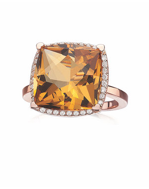 LISA NIK 18K RG 13MM CUSHION SHAPED CITRINE RING WITH .23 CTS DIAMONDS