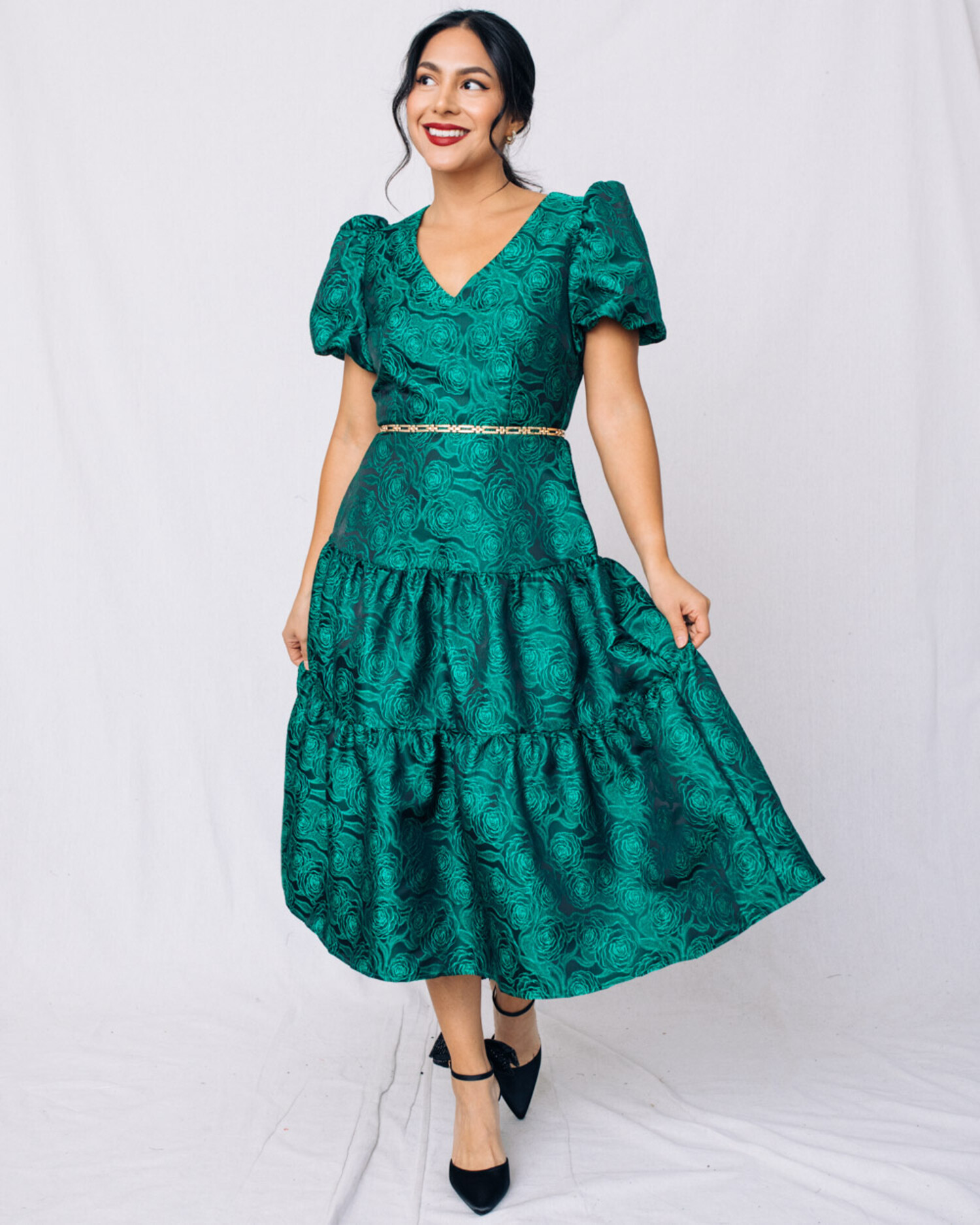 Marjorie Textured Puff Sleeve Midi Tiered Dress - MAVEN