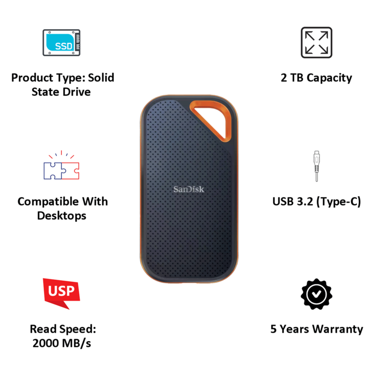 SanDisk SanDisk - 2TB External USB 3.2 Gen 2 Type C Portable SSD
