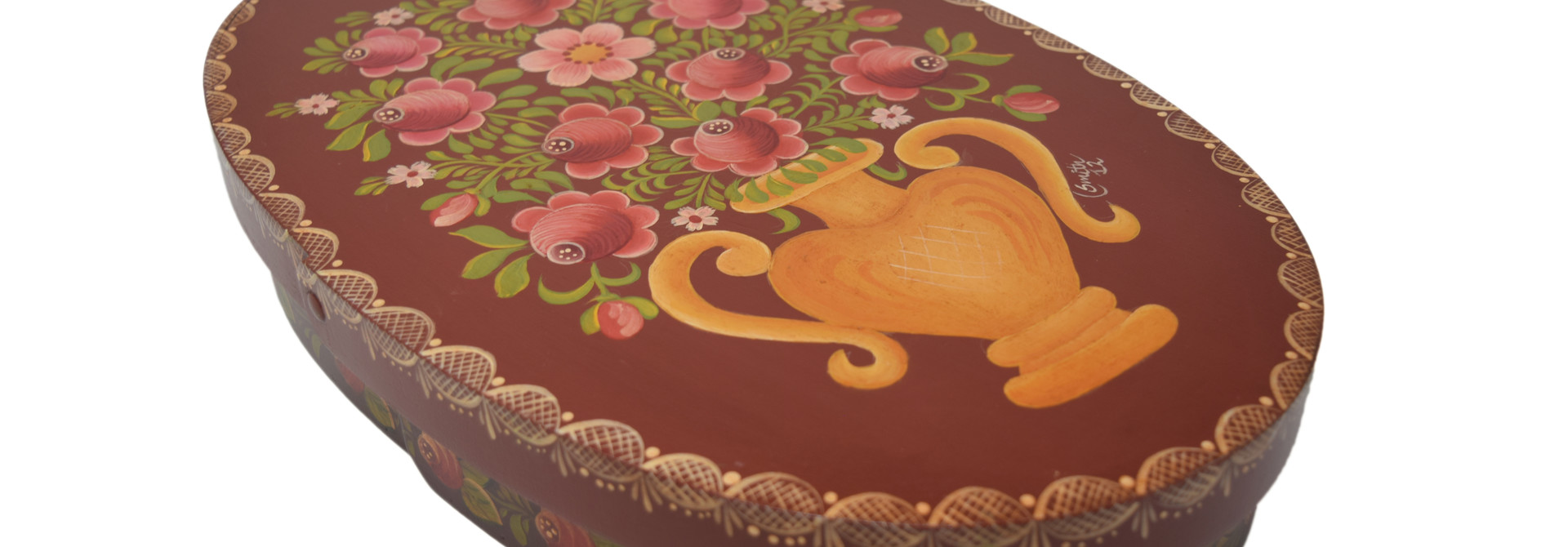 Oval Reddish Brown Box with Vase & Flowers