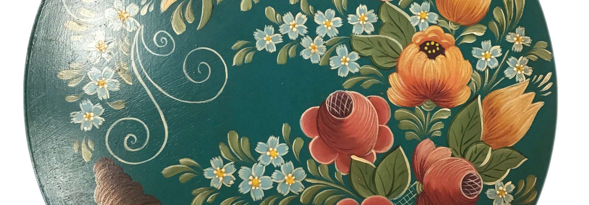 Round Blue Green Box Horn of Plenty with Flowers