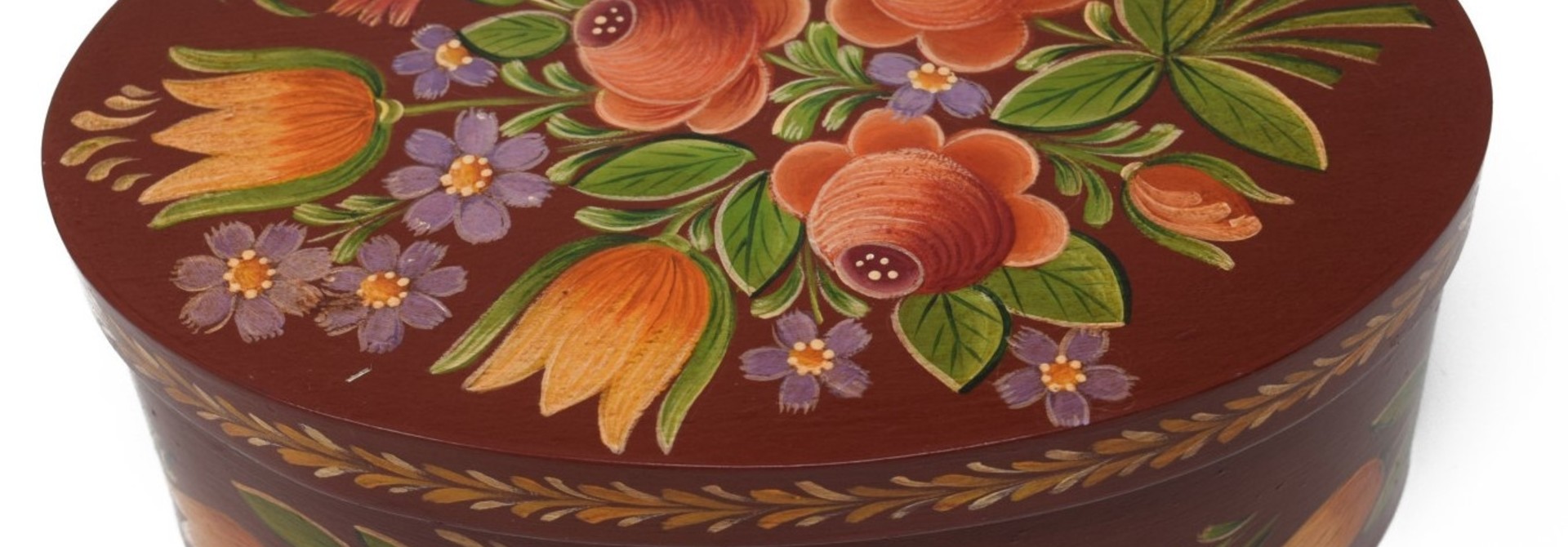 oval box reddish brown with roses and tulips
