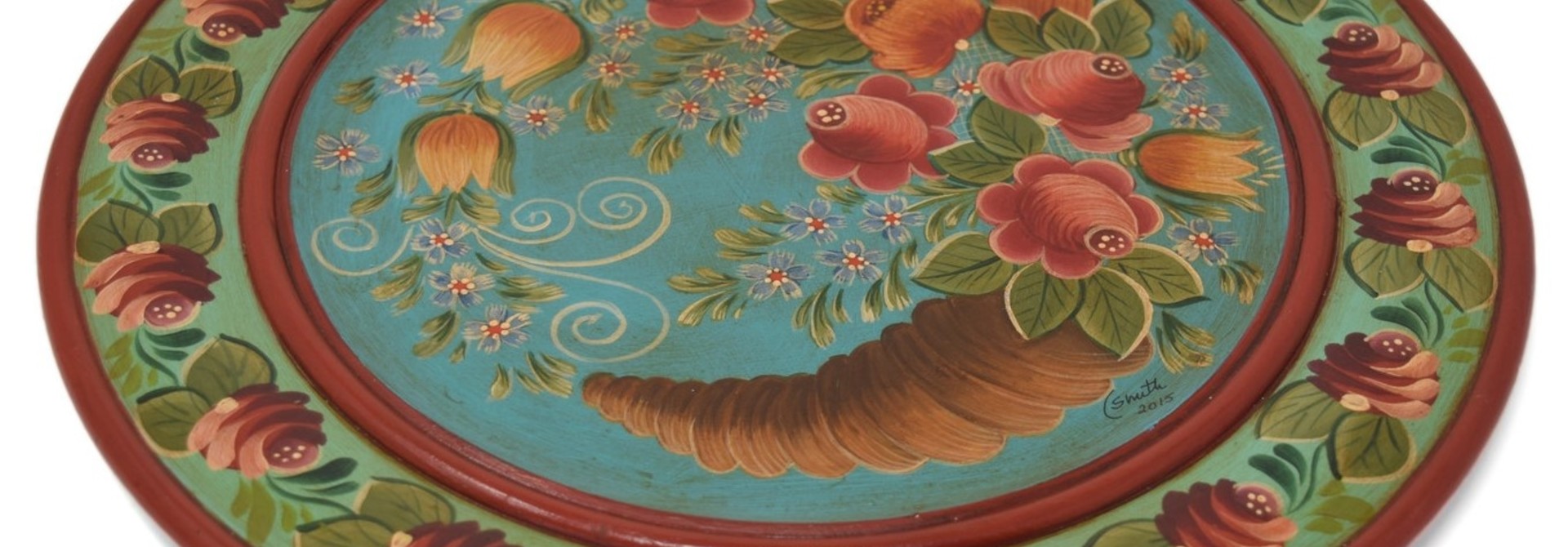 Wooden Plate with Horn of Plenty, Turquoise/Light Green