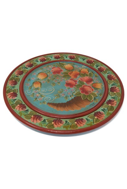 Wooden Plate with Horn of Plenty, Turquoise/Light Green
