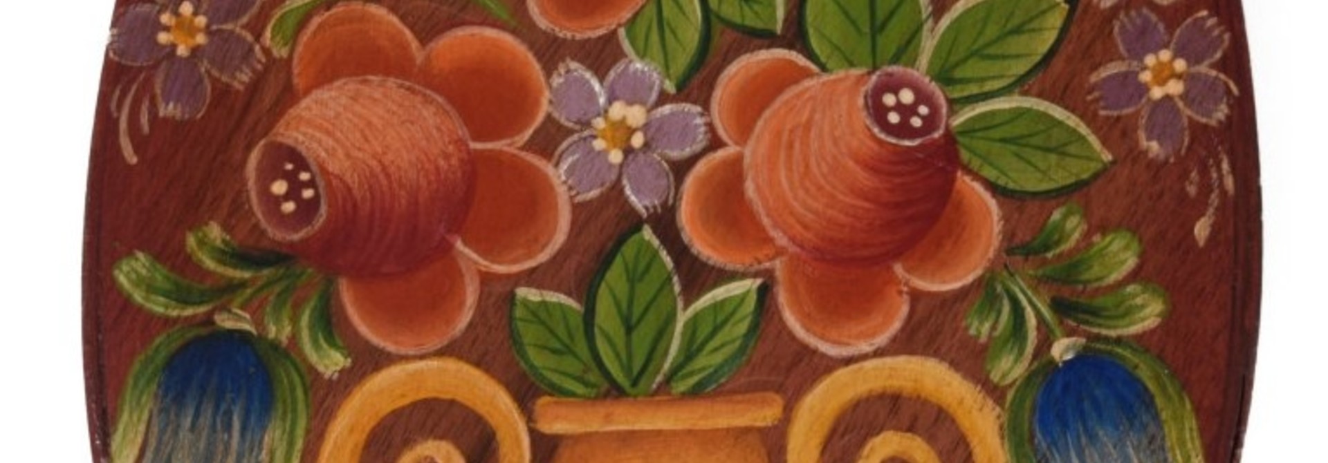 oval box brownish red with gold vase and flowers