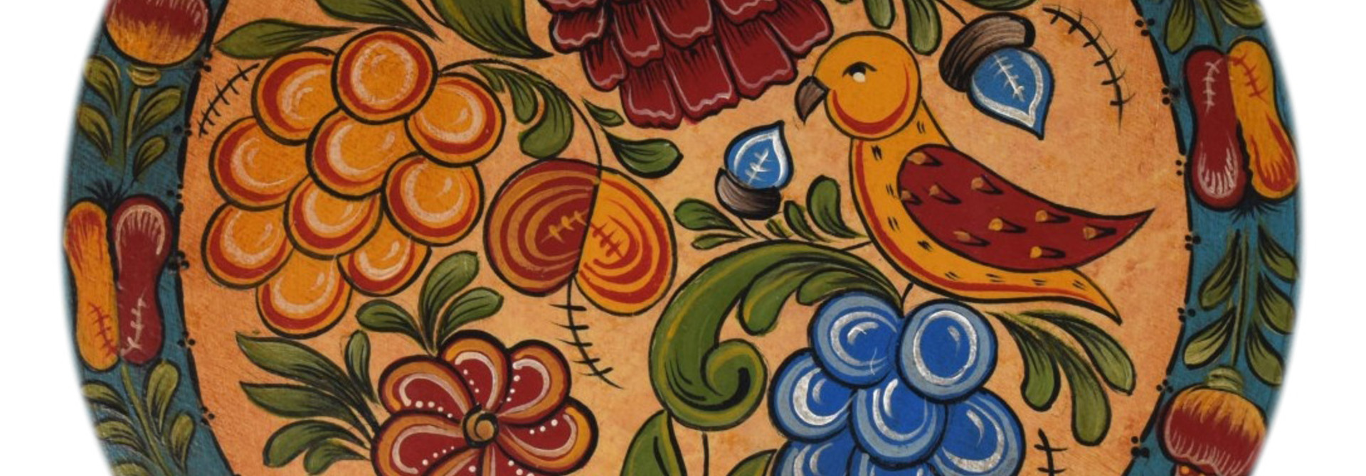 Round Box with Yellow and Turquoise Fruit, Flowers, and Bird