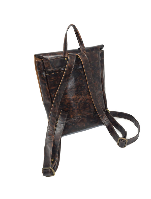 reima Small Leather Backpack Mottled Dark Brown