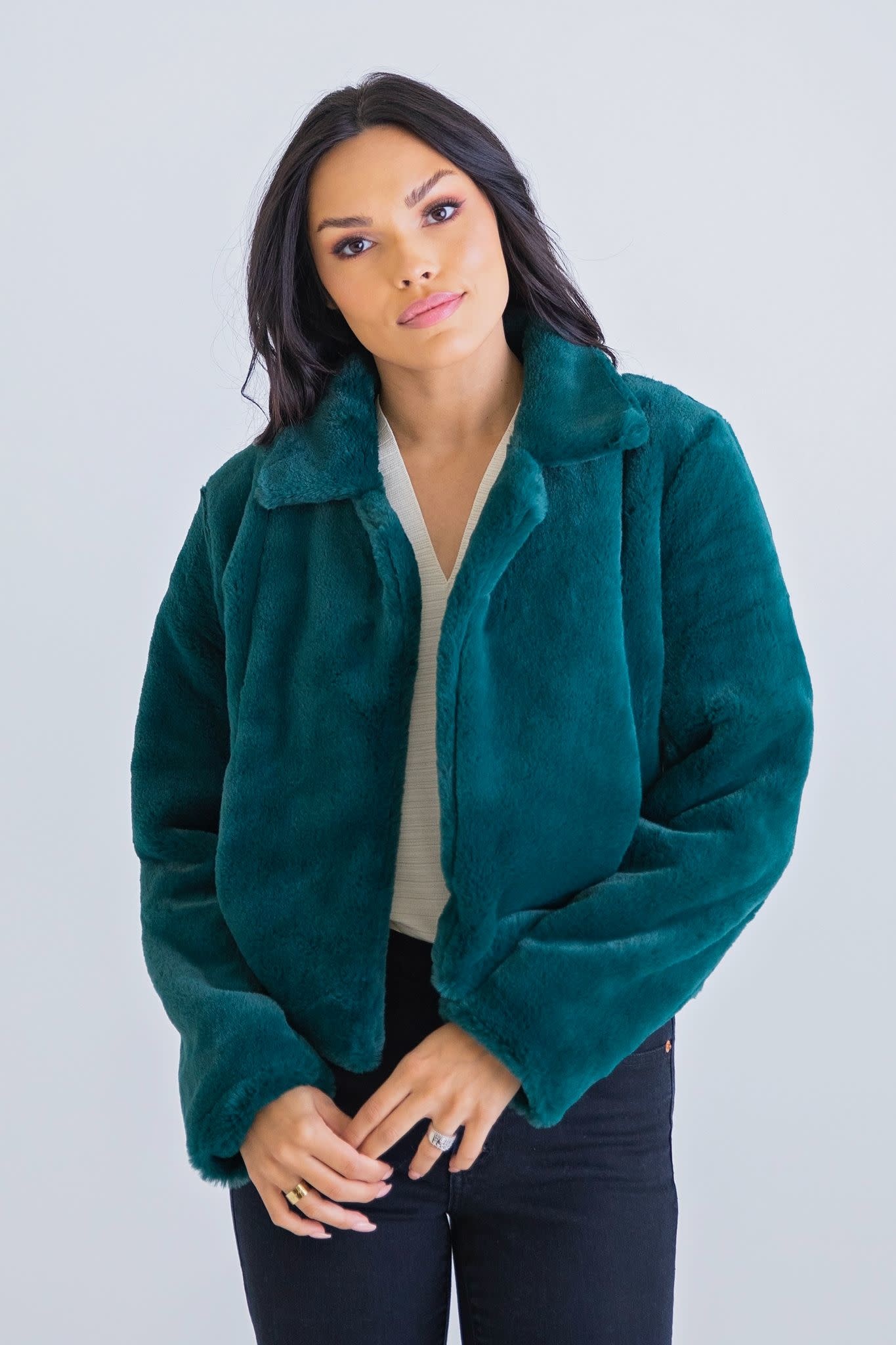 teal faux fur jacket