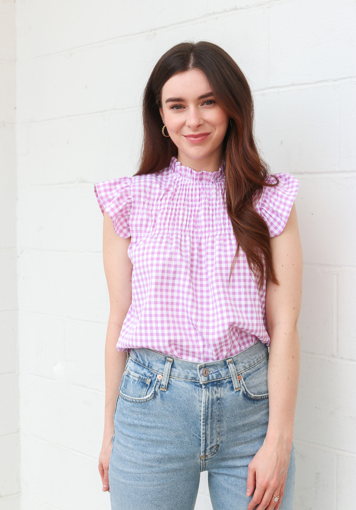 Carson Gingham Flutter Sleeve Top 