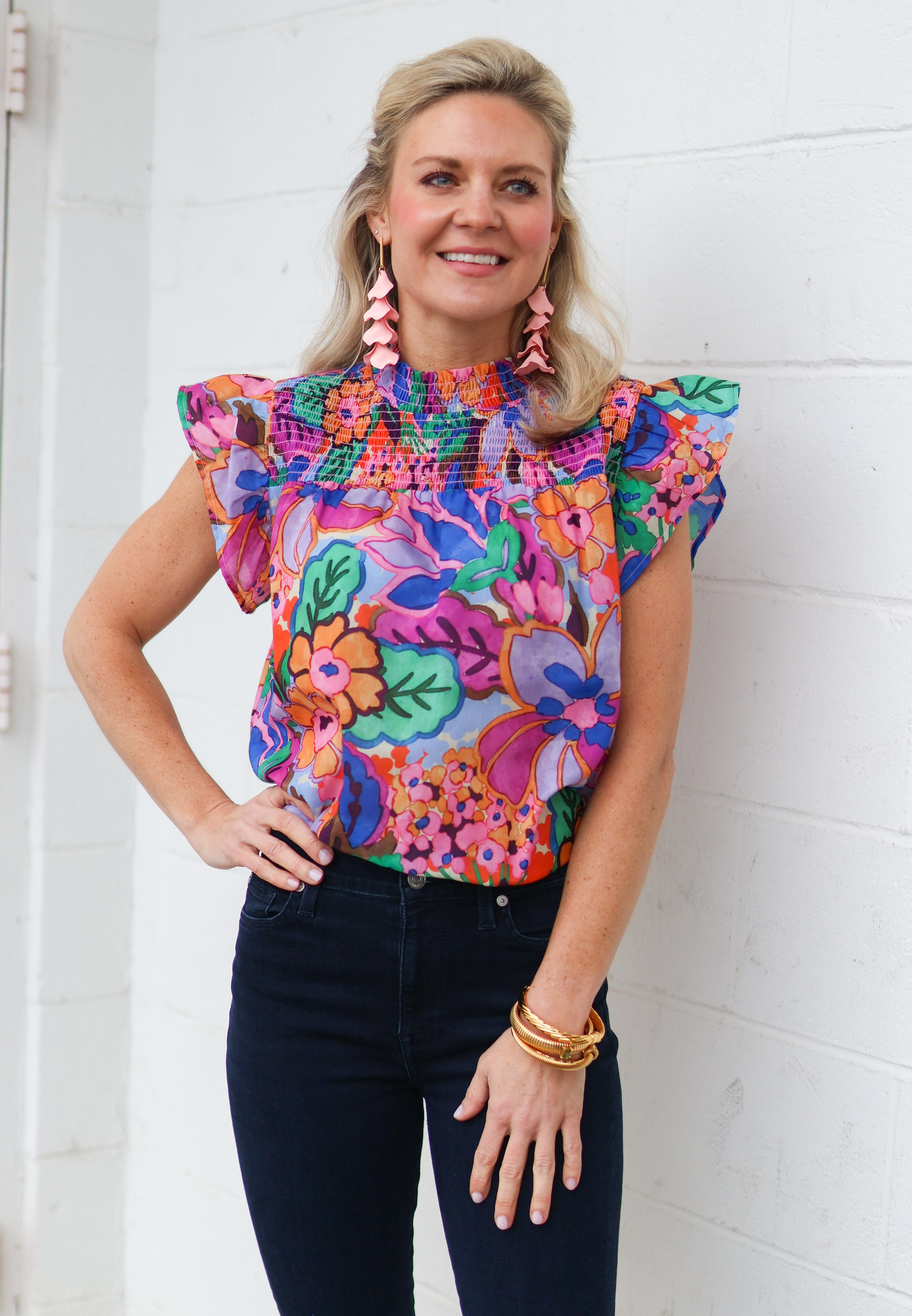 Smocked Floral Print Top - Tulips in Little Rock