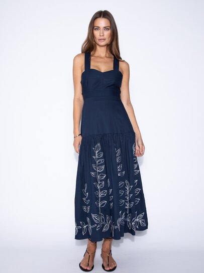 Iconic Embroidered Maxi A-line Dress with V-neck and Flounce Sleeves