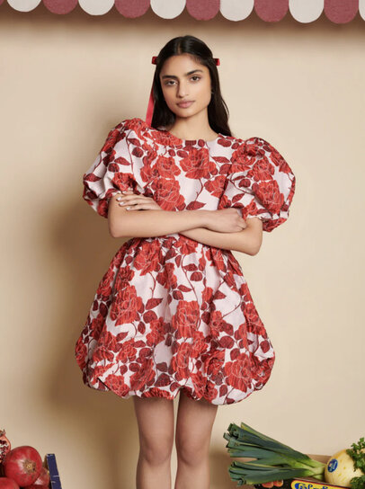 Kristall Berry Red Floral Print Bell Sleeve Mini Dress