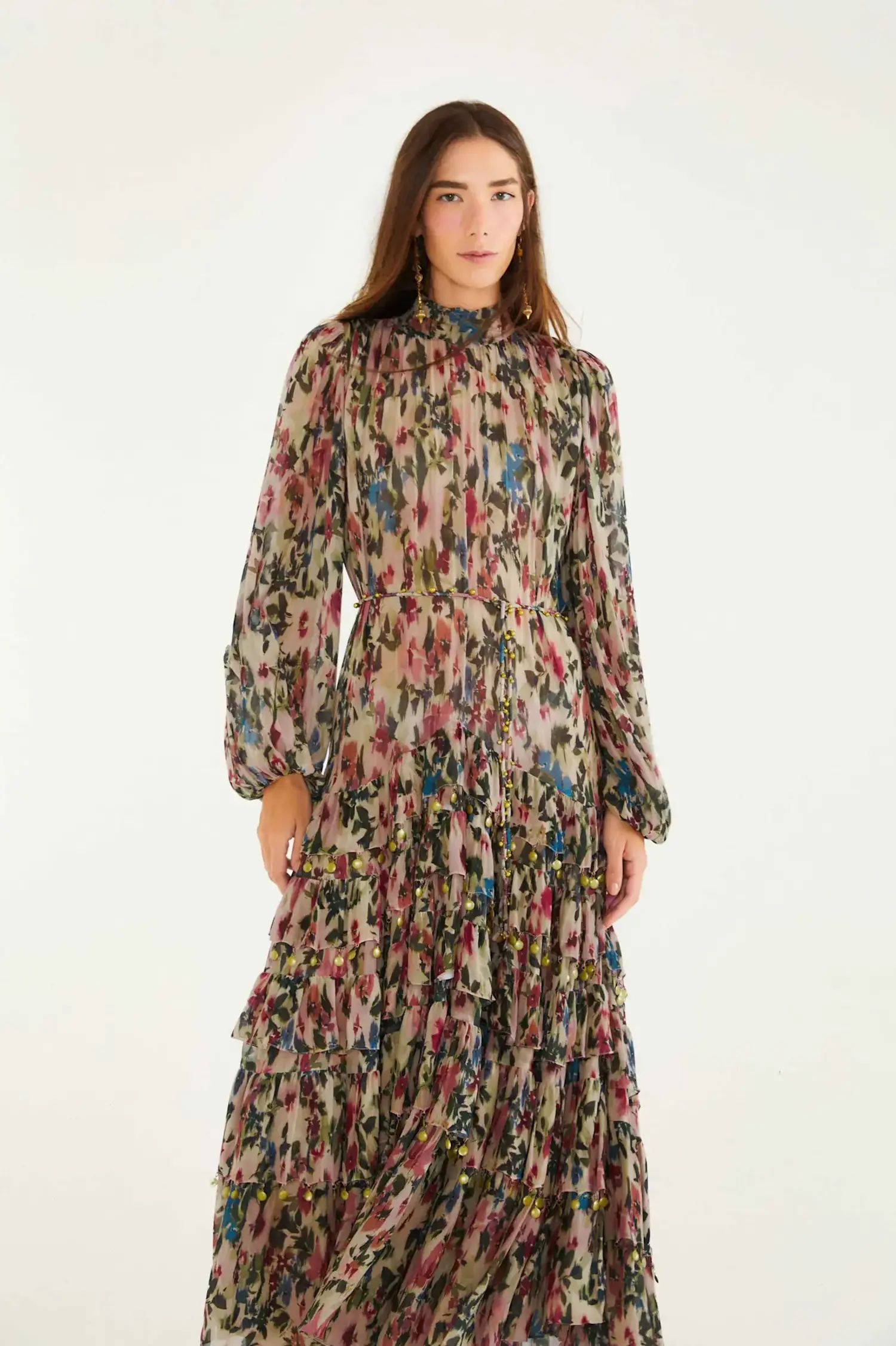 knee length dresses for ladies Blue Flowing Beauty Embroidered Long Sleeve Midi Dress – FARM Rio main image 1