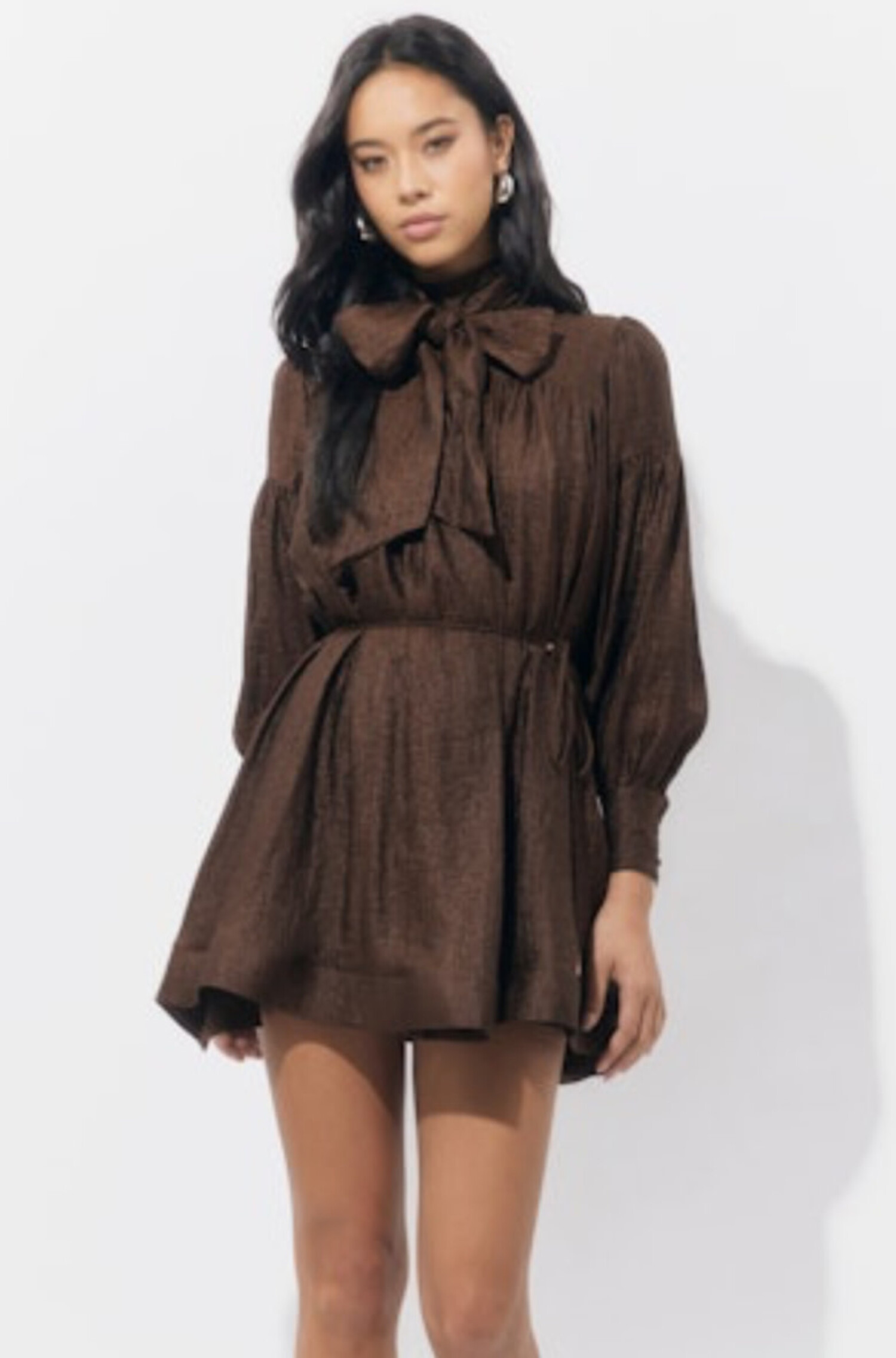 brown bow dress Brown Embroidered Bow Babydoll Dress