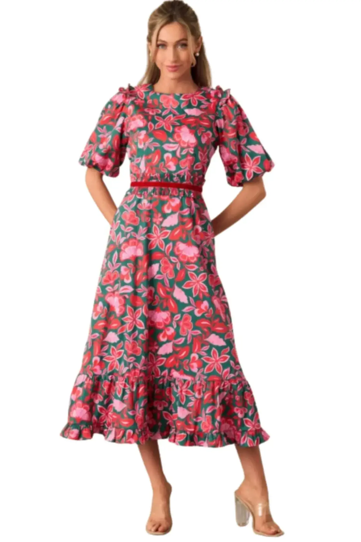 jenani rosette ruffle midi dress in light plum Junie