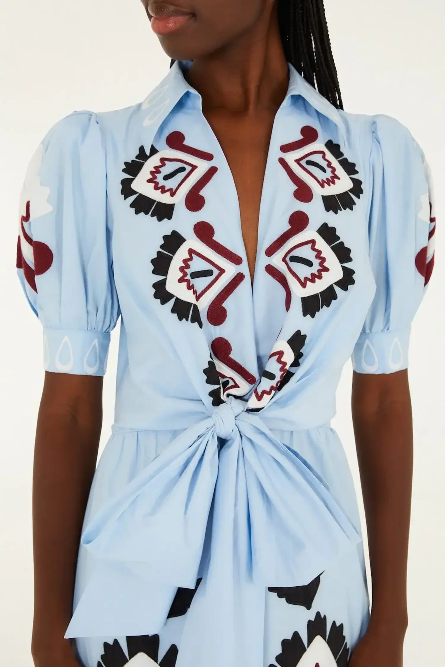 farm rio embroidered front knot dress FARM Rio Embroidered Tapestry Blue Mini Dress